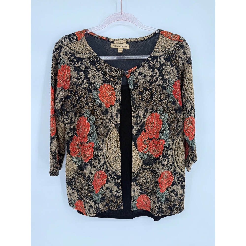 Notations Stretch Womens Floral Paisley Layered Top Black Red Gold Sz L